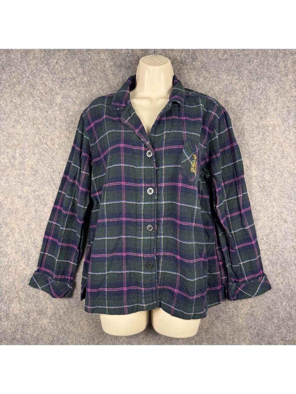 Lauren Ralph Lauren Flannel Pajama Shirt Green Purple Plaid Embroidered Large